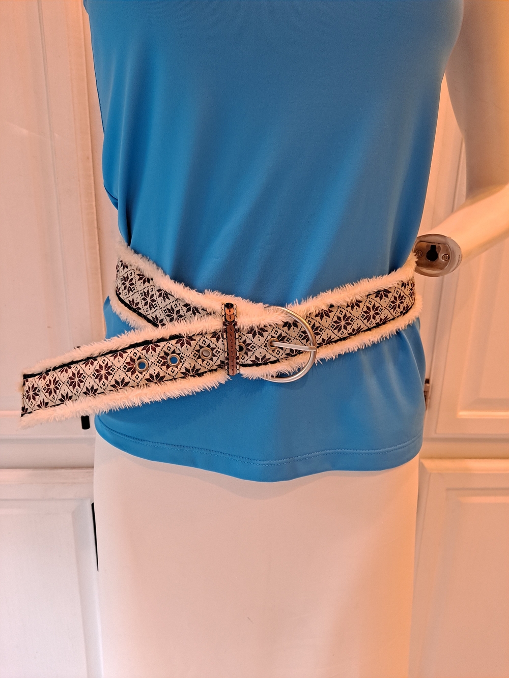 Faux Cream Fur Lined Red Patterned Fabric Belt Winter Alpine Jacquard Cabincore